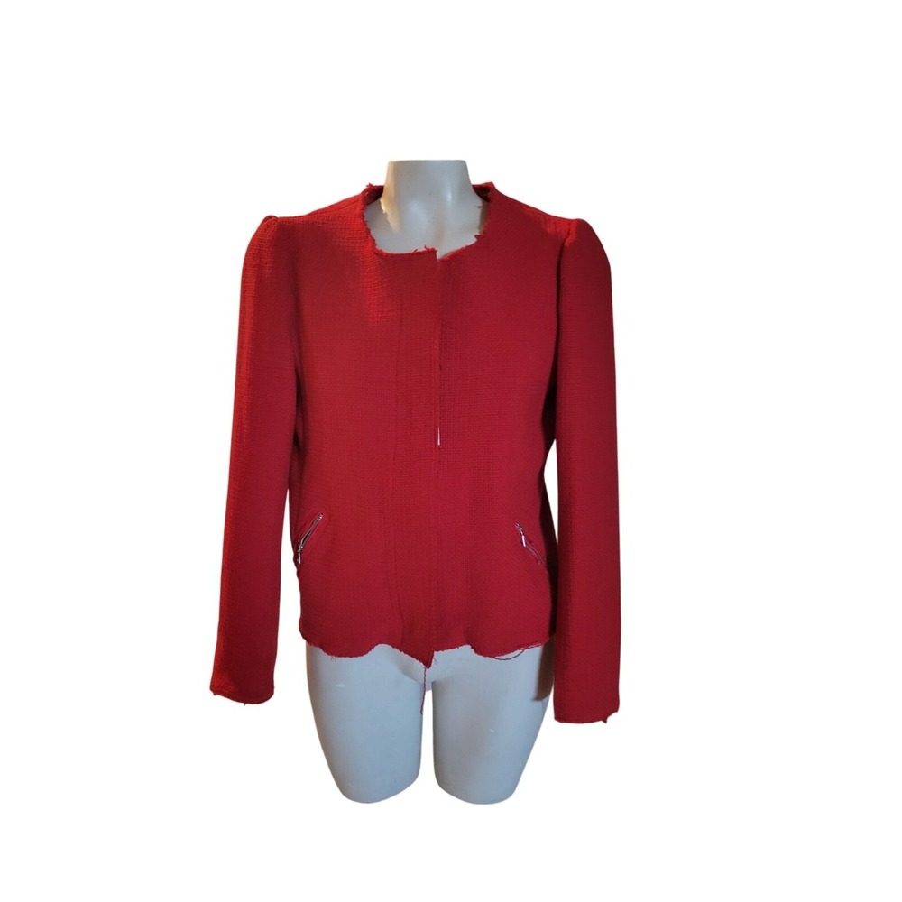 GAP NEW Womens Red Textured Open Front Blazer Zippered Pockets‎ Long Sleeves Fra